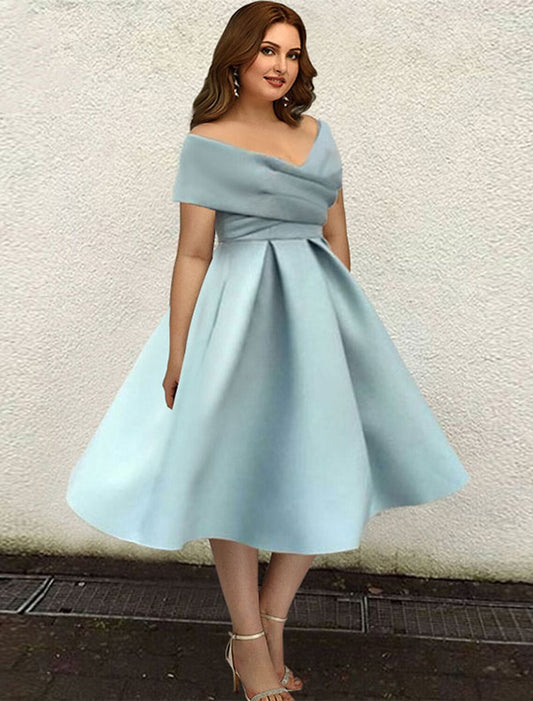 A-Line Cocktail Dresses 1950s Dress Wedding Guest Tea Length Short Sleeve V Neck Satin with Sleek Pleats