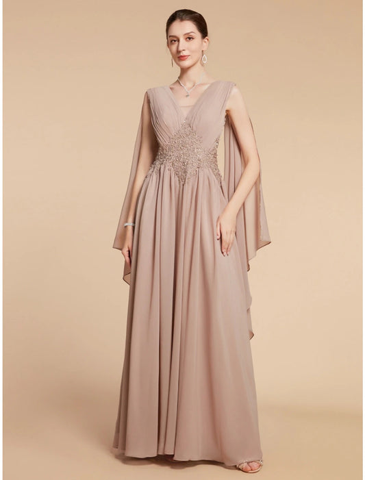 A-Line Mother of the Bride Dress Wedding Guest Elegant V Neck Ankle Length Chiffon Lace Sleeveless with Ruching