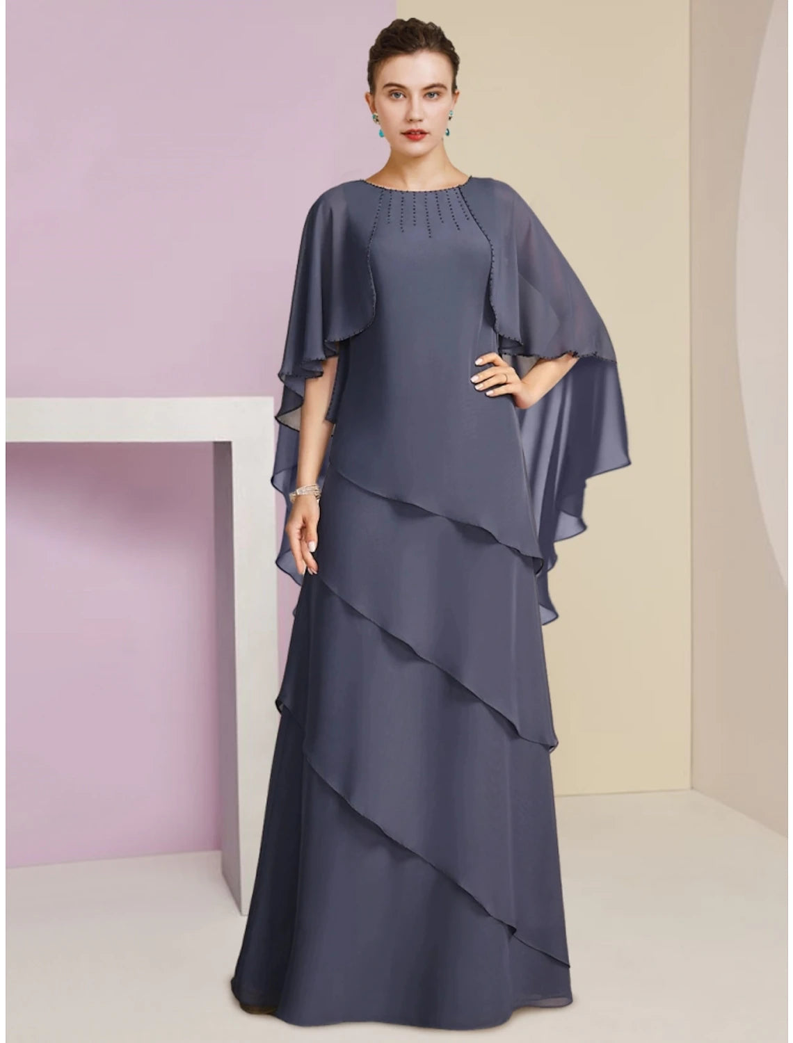 Sheath / Column Mother of the Bride Dress Wedding Guest Elegant Jewel Neck Floor Length Chiffon Half Sleeve with Sequin Tier