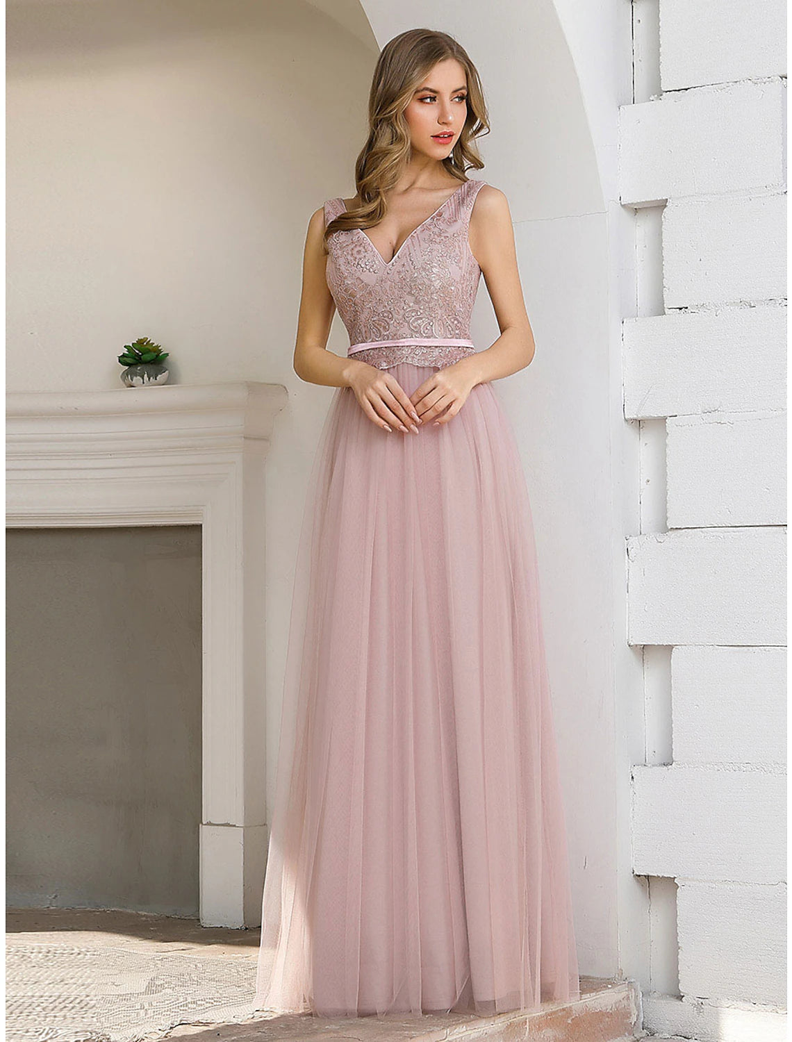 A-Line Evening Gown Elegant Dress Wedding Guest Formal Evening Floor Length Sleeveless V Neck Satin V Back with Sash / Ribbon