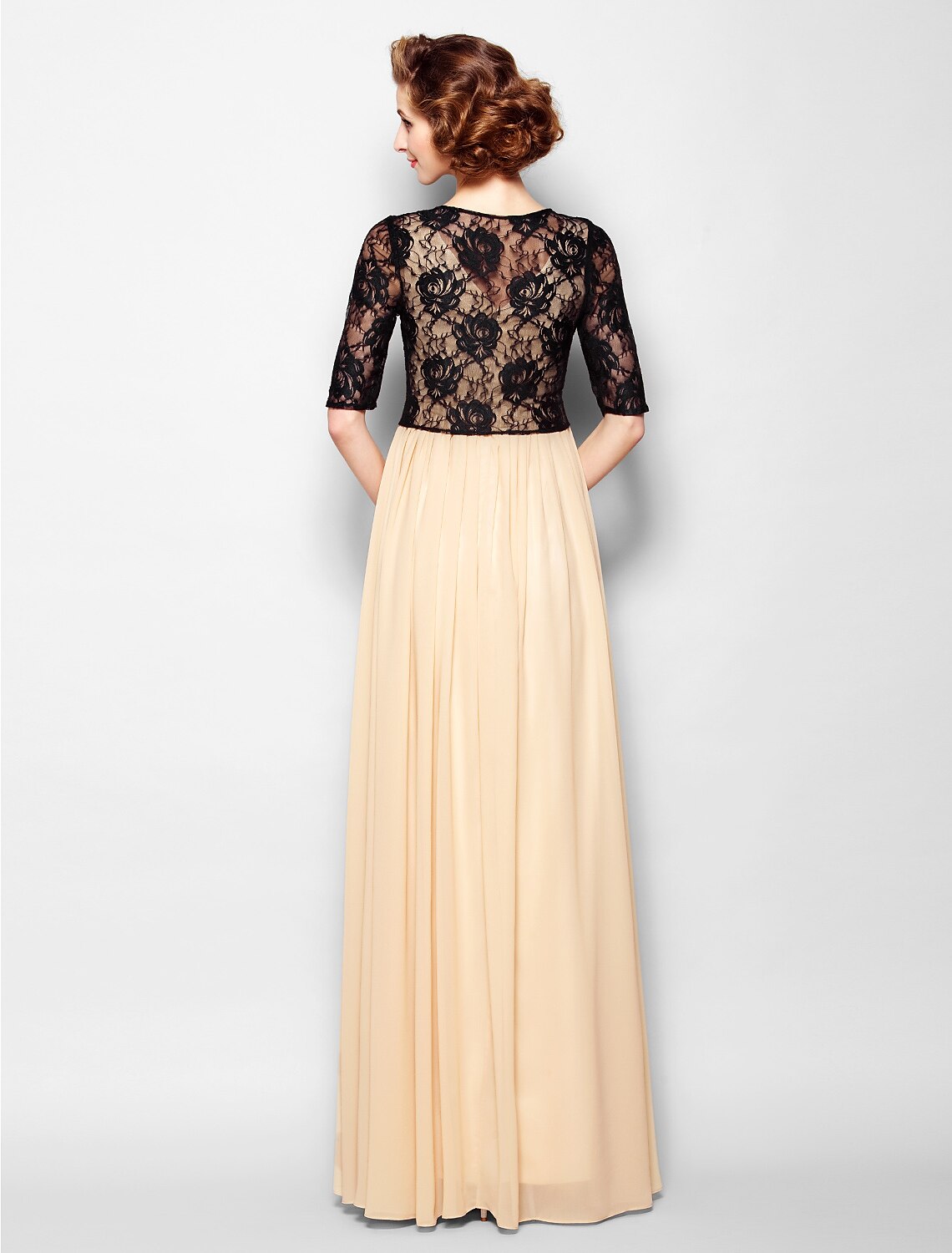 A-Line Mother of the Bride Dress Wrap Included V Neck Floor Length Chiffon Lace Half Sleeve yes