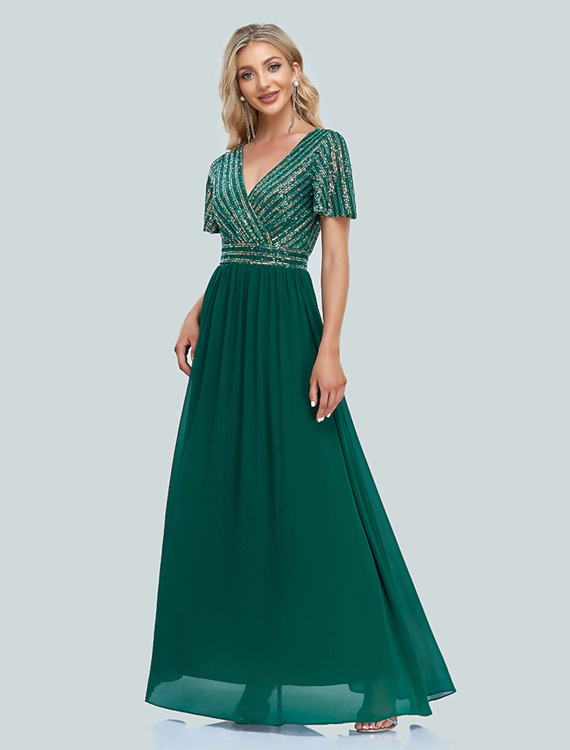 A-Line Mermaid / Trumpet Evening Gown Elegant Dress Christmas Floor Length Short Sleeve V Neck Sequined