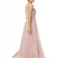 A-Line Bridesmaid Dress Jewel Neck Sleeveless See Through Floor Length Chiffon / Lace with Lace / Criss Cross
