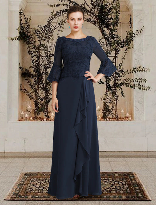 Sheath / Column Mother of the Bride Dress Plus Size Elegant Jewel Neck Floor Length Chiffon Lace Half Sleeve with Sequin