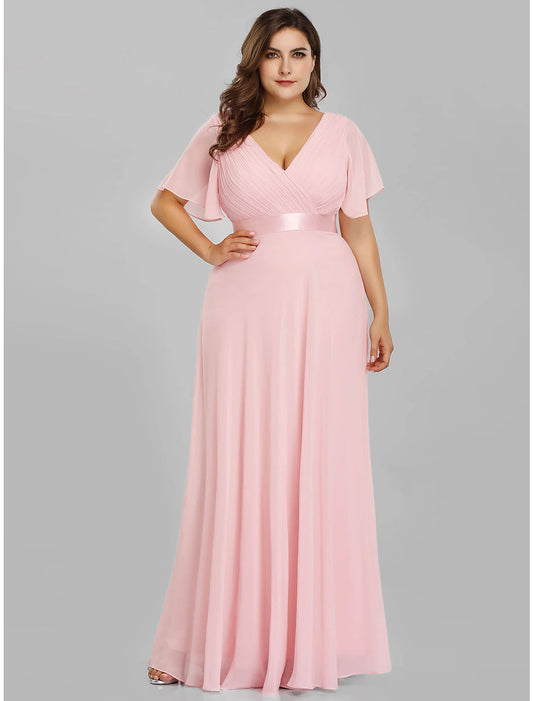 A-Line Empire Fall Wedding Guest Dress For Bridesmaid Plus Size Formal Evening Dress V Neck Short Sleeve Floor Length Chiffon