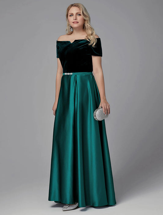 A-Line Special Occasion Dresses Elegant Dress Wedding Guest Formal Evening Floor Length Short Sleeve Off Shoulder Satin