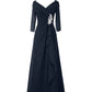 A-Line Minimalist Elegant Wedding Guest Formal Evening Dress V Neck Half Sleeve Floor Length Chiffon with Draping