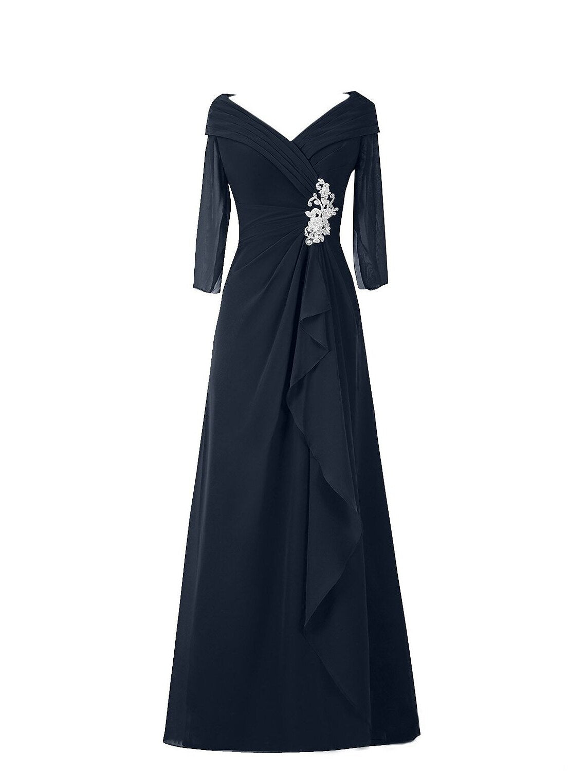 A-Line Minimalist Elegant Wedding Guest Formal Evening Dress V Neck Half Sleeve Floor Length Chiffon with Draping