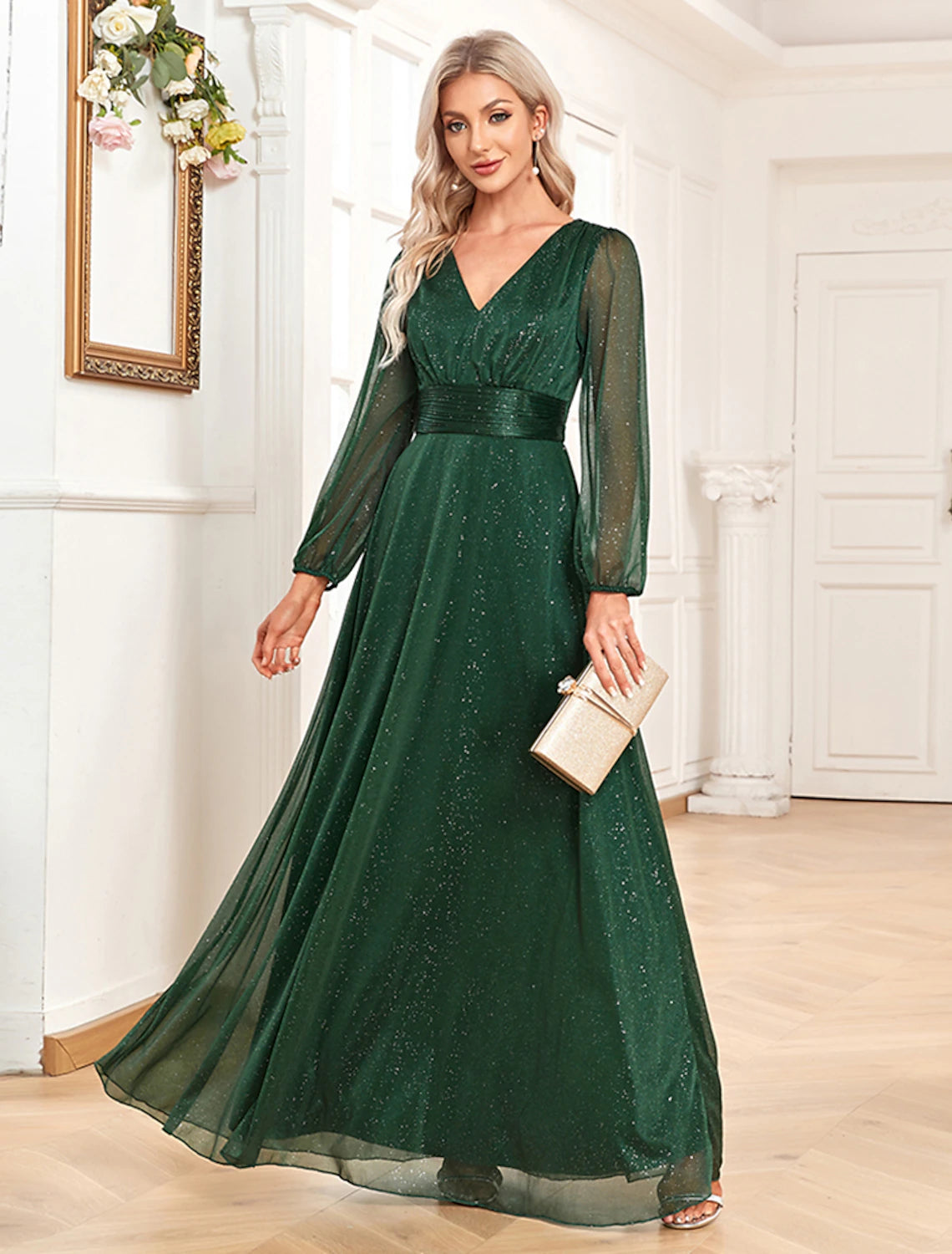 A-Line Evening Gown Elegant Dress Formal Floor Length Long Sleeve V Neck Chiffon