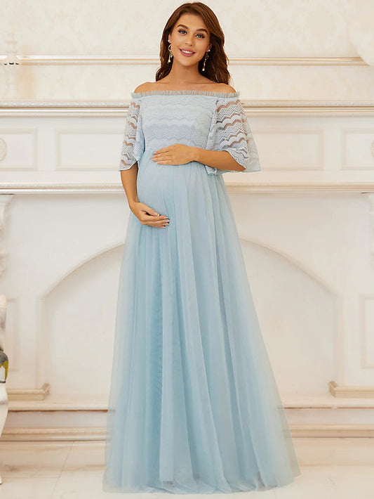 A-Line Mother of the Bride Dress Maternity Elegant Off Shoulder Floor Length Lace Tulle Sleeveless with Tier Beautiful