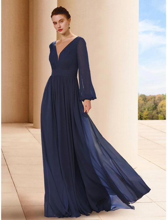 A-Line Mother of the Bride Dress Wedding Guest Elegant V Neck Floor Length Chiffon Long Sleeve with Ruching