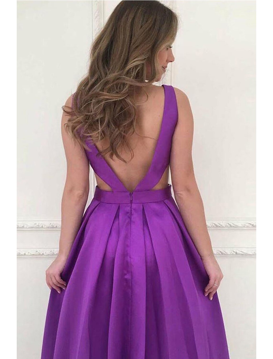 A-Line Prom Dresses Minimalist Dress Formal Floor Length Sleeveless V Neck Pocket Stretch Satin Backless V Back