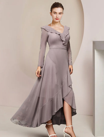 A-Line Mother of the Bride Dress Wedding Guest Elegant V Neck Asymmetrical Ankle Length Chiffon Long Sleeve with Ruffles