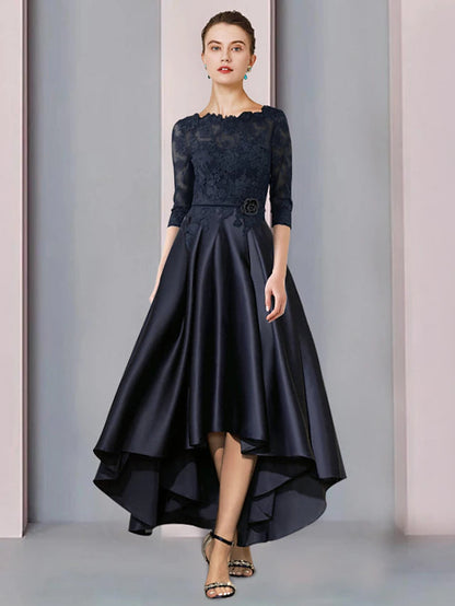 A-Line Mother of the Bride Dress Wedding Guest Elegant High Low Scoop Neck Asymmetrical Tea Length Satin Lace 3/4 Length Sleeve with Pleats Appliques