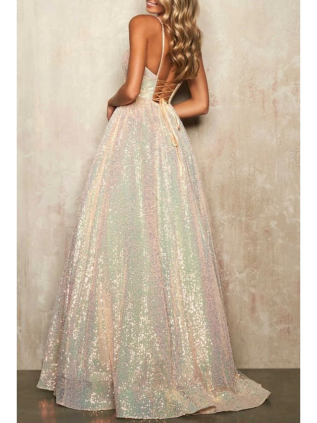 A-Line/Princess Spaghetti Straps Long Prom Dresses V-neck Sparkly 