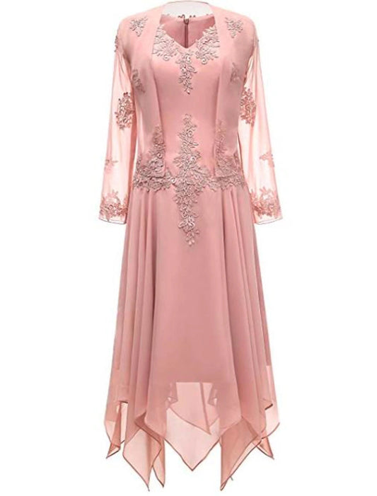 Two Piece A-Line Mother of the Bride Dress Wedding Guest Church Wrap Included V Neck Knee Length Chiffon 3/4 Length Sleeve with Pleats