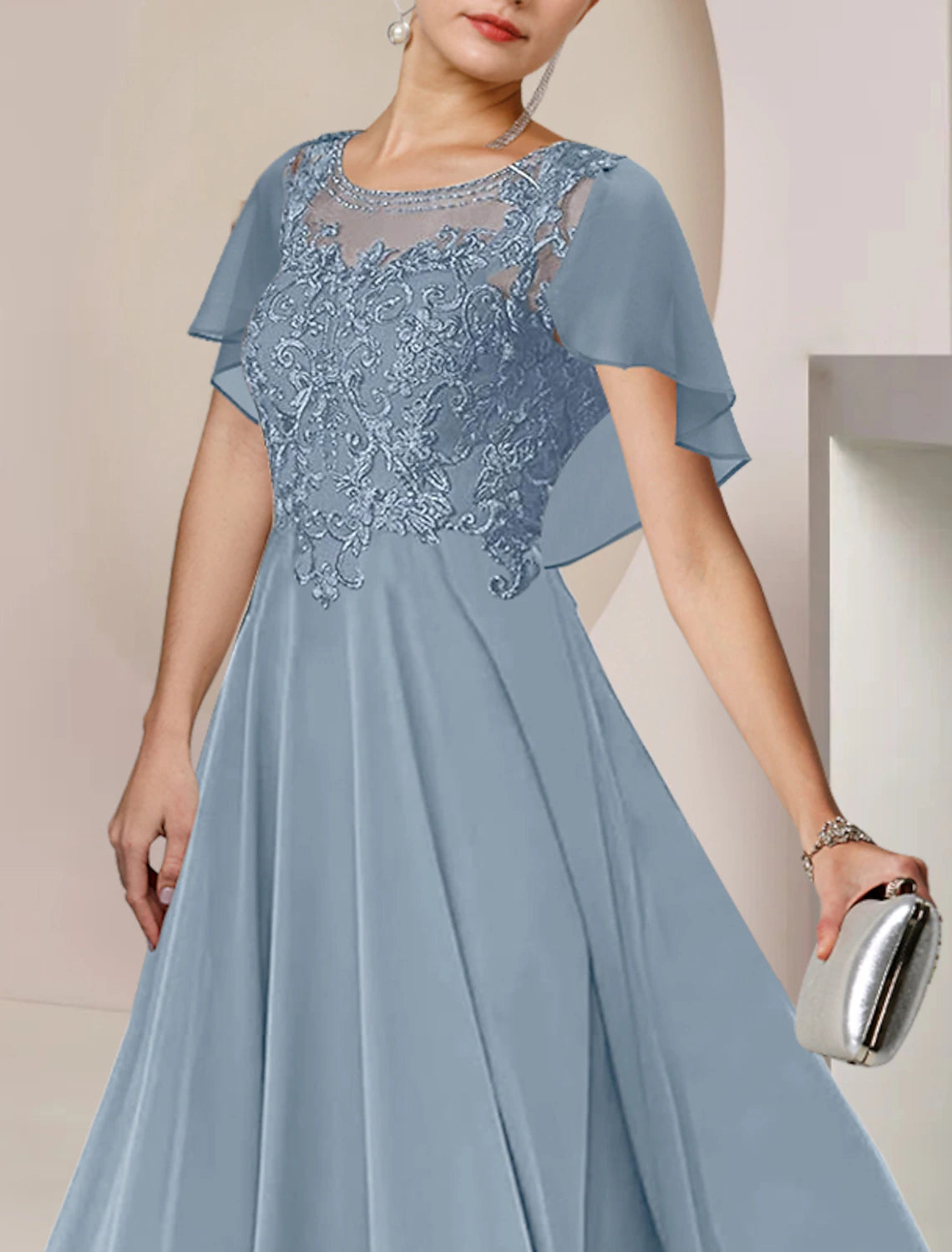 A-Line Mother of the Bride Dress Elegant Scoop Neck Tea Length Chiffon Lace Sleeveless with Beading