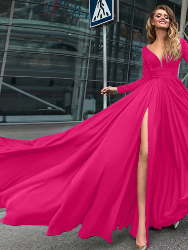 A-Line Empire Minimalist Sexy Holiday Prom Formal Evening Dress V Neck V Back Long Sleeve Floor Length Chiffon with Slit