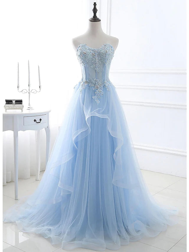 A-Line Sexy Floral Engagement Prom Birthday Dress Strapless Sleeveless Sweep / Brush Train Lace with Pleats