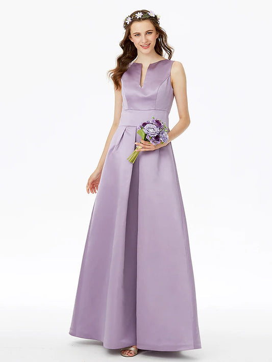 A-Line Bridesmaid Dress Notched Sleeveless Elegant Floor Length Satin with Pleats