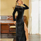 A-Line Evening Gown Black Dress Elegant Dress Formal Fall Sweep / Brush Train Long Sleeve Jewel Neck Velvet with Sequin