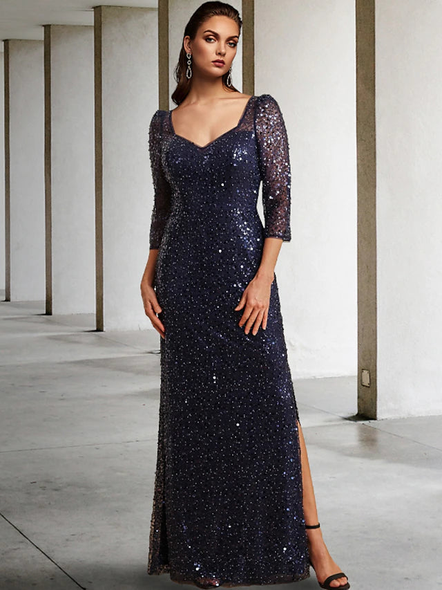 Sheath / Column Mother of the Bride Dress Elegant Sparkle & Shine Square Neck Floor Length Tulle Sequined 3/4 Length Sleeve with Beading Sequin Split