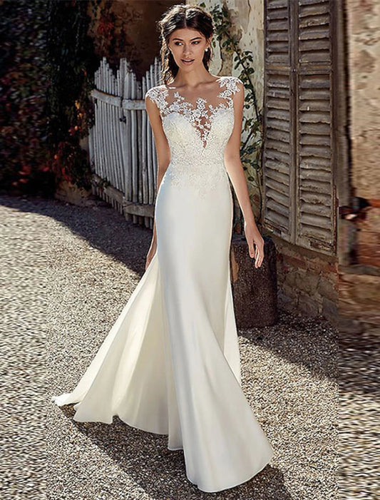 Beach Open Back Wedding Dresses Mermaid / Trumpet Illusion Neck Cap Sleeve Court Train Chiffon Outdoor Bridal Gowns With Appliques Fall Wedding Party
