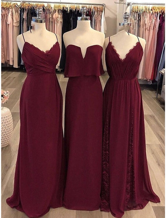 Sheath / Column Bridesmaid Dress Spaghetti Strap / Strapless / V Neck Sleeveless Vintage Floor Length Chiffon with Lace