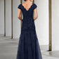 A-Line Mother of the Bride Dress Elegant Scoop Neck Floor Length Lace Tulle Short Sleeve with Pleats