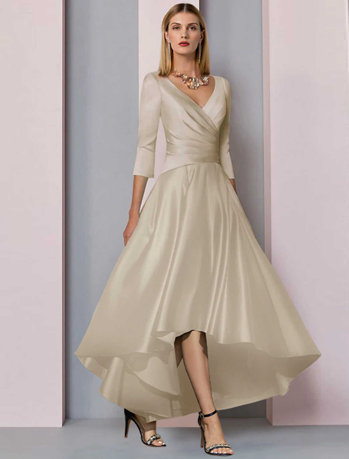 A-Line Mother of the Bride Dress Wedding Guest Elegant High Low V Neck Asymmetrical Ankle Length Satin Half Sleeve with Pleats