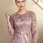 A-Line Mother of the Bride Dress Elegant Jewel Neck Tea Length Lace Charmeuse 3/4 Length Sleeve with Sash / Ribbon Bow(s)