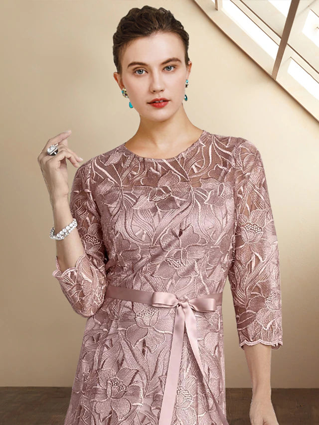 A-Line Mother of the Bride Dress Elegant Jewel Neck Tea Length Lace Charmeuse 3/4 Length Sleeve with Sash / Ribbon Bow(s)