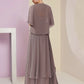 Two Piece A-Line Mother of the Bride Dress Formal Wedding Guest Elegant Square Neck Asymmetrical Tea Length Chiffon Lace 3/4 Length Sleeve Wrap Included with Ruched Tier