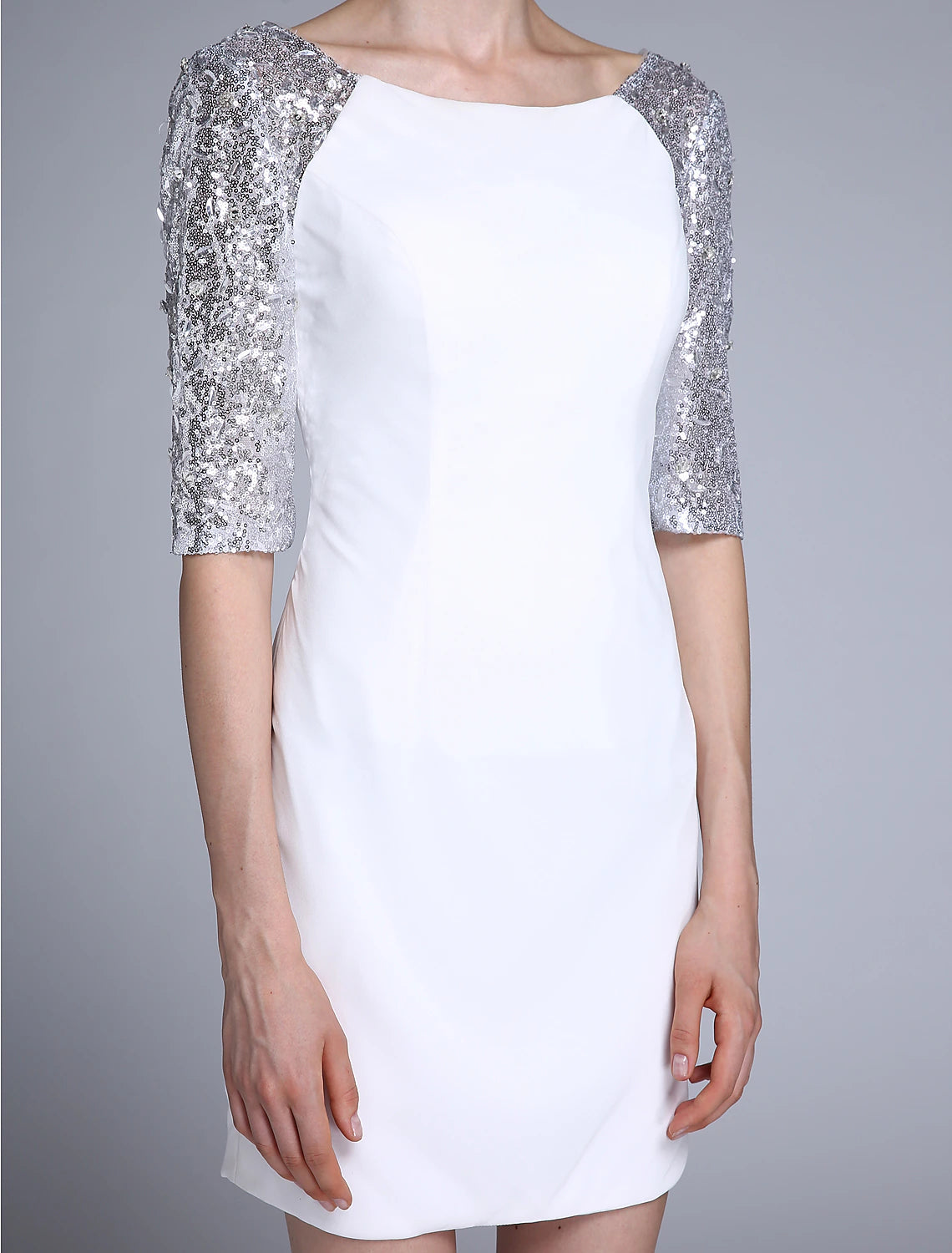 Sheath / Column Mother of the Bride Dress Sparkle & Shine Jewel Neck Short / Mini Chiffon Half Sleeve