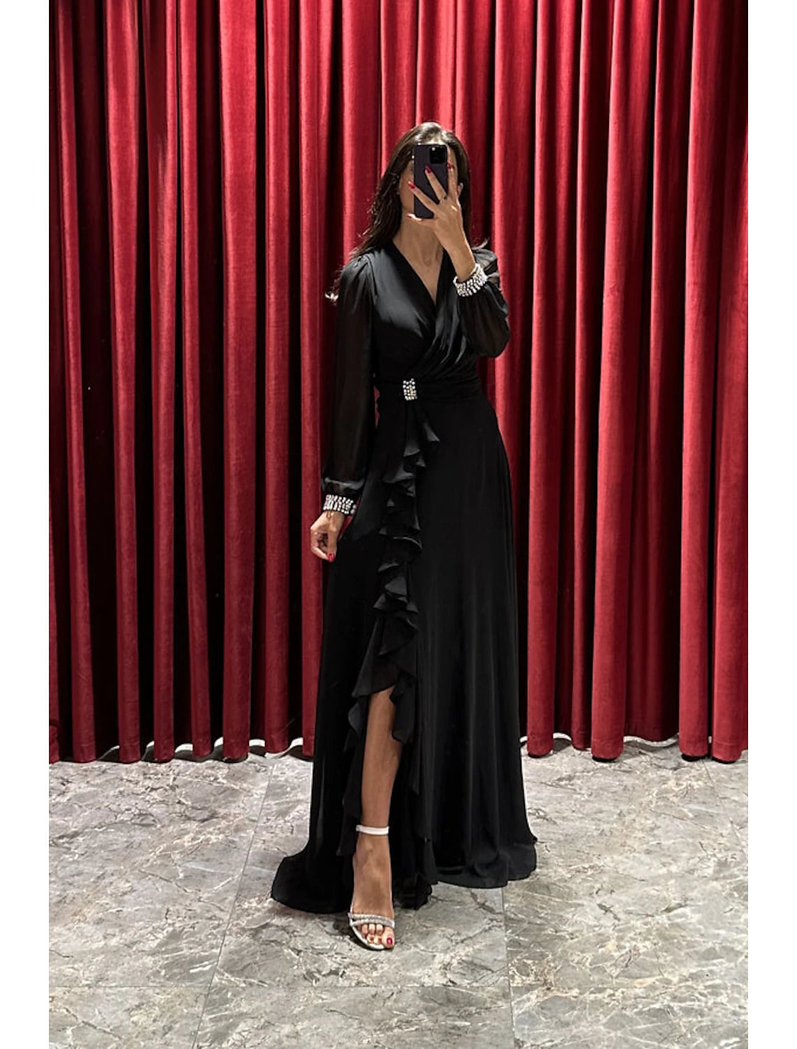 A-Line Evening Gown High Split Dress Formal Fall Sweep / Brush Train Long Sleeve V Neck Stretch Fabric with Pleats Crystals