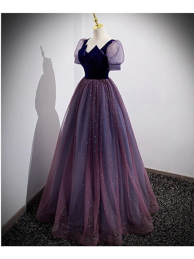 A-Line Prom Dresses Sparkle & Shine Dress Prom Floor Length Short Sleeve Scoop Neck Tulle