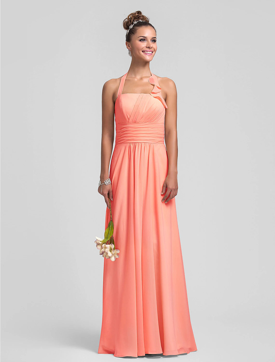 Sheath / Column Bridesmaid Dress Halter Neck Sleeveless Floor Length Chiffon with Pleats / Ruched