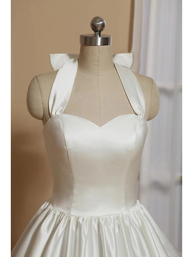 Bridal Shower Little White Dresses Wedding Dresses Tea Length A-Line Sleeveless Halter Satin With Bow(s)