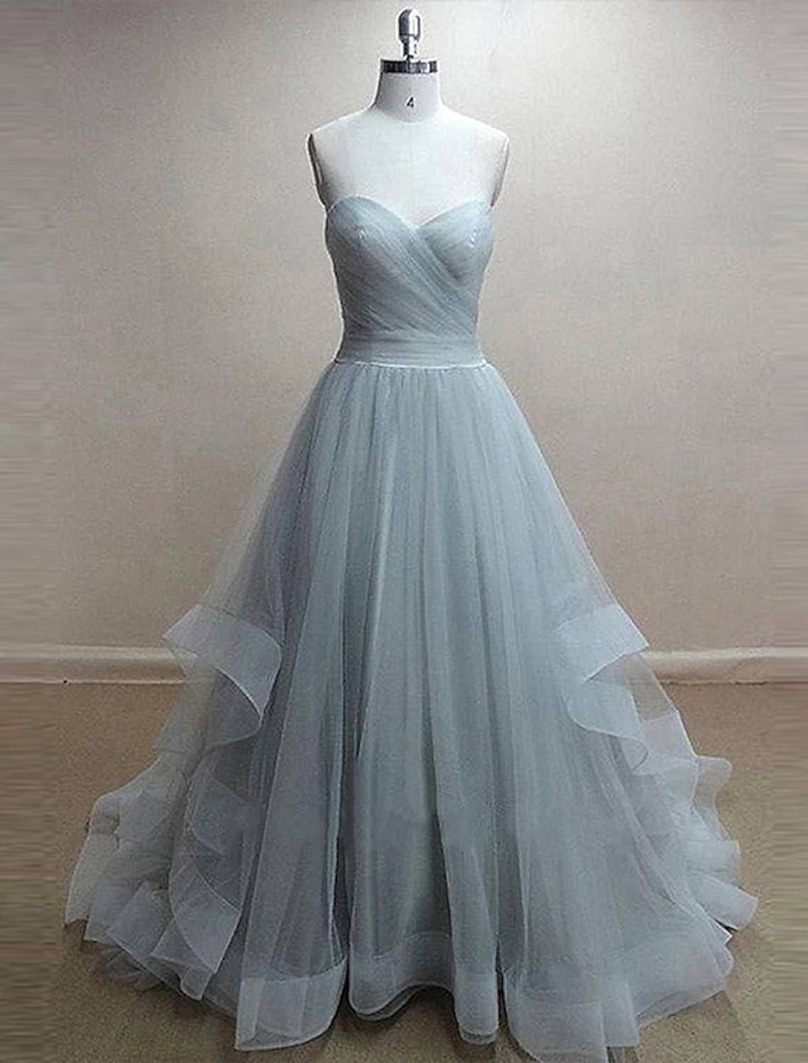 A-Line Minimalist Cute Engagement Prom Dress Sweetheart Neckline Sleeveless Court Train Tulle with Pleats