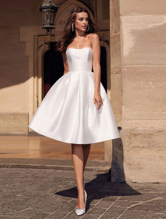 Reception Little White Dresses Wedding Dresses A-Line Sweetheart Strapless Knee Length Satin Bridal Gowns