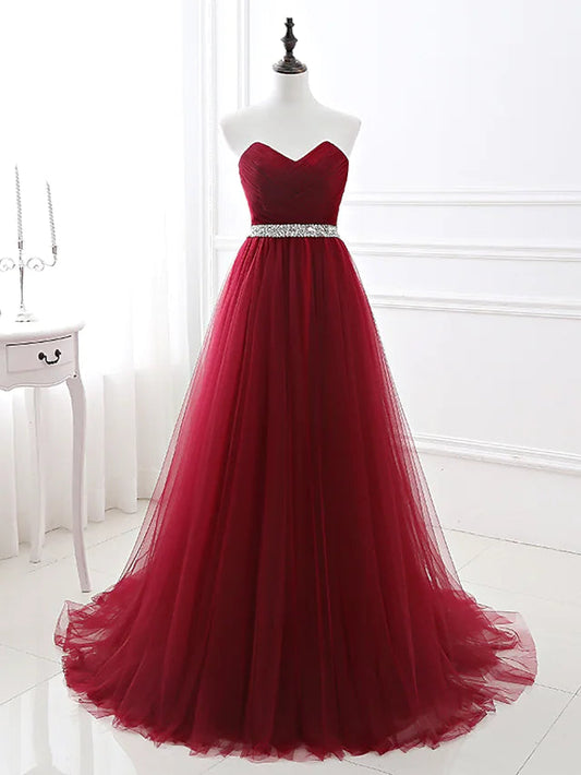 A-Line Elegant Quinceanera Prom Valentine's Day Dress Strapless Sleeveless Chapel Train Satin