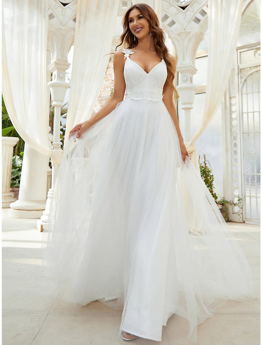 Reception Casual Wedding Dresses A-Line Sweetheart V Wire Regular Straps Sweep / Brush Train Tulle Bridal Gowns With Crystals