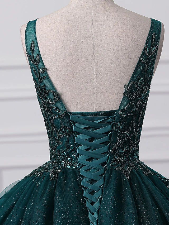 Ball Gown Prom Dresses Sparkle & Shine Dress Quinceanera Floor Length Sleeveless V Neck Tulle with Sequin