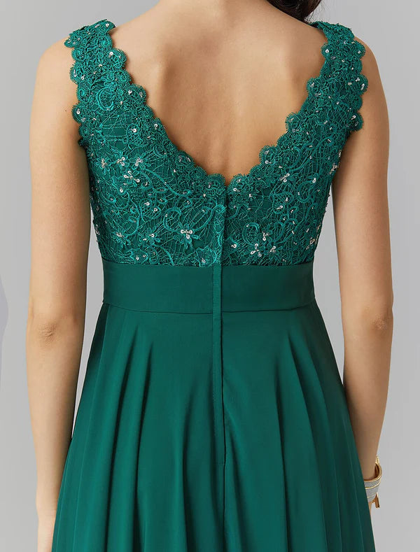 A-Line Elegant Dress Wedding Guest Formal Evening Floor Length Sleeveless V Neck Chiffon V Back with Beading