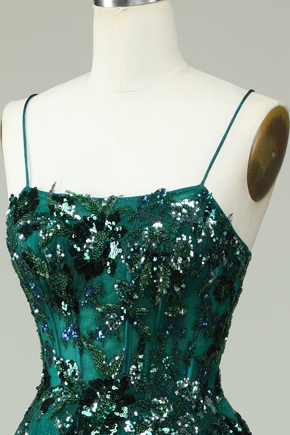 A Line Spaghetti Straps Dark Green Corset Prom Dress with Appliques Beautiful