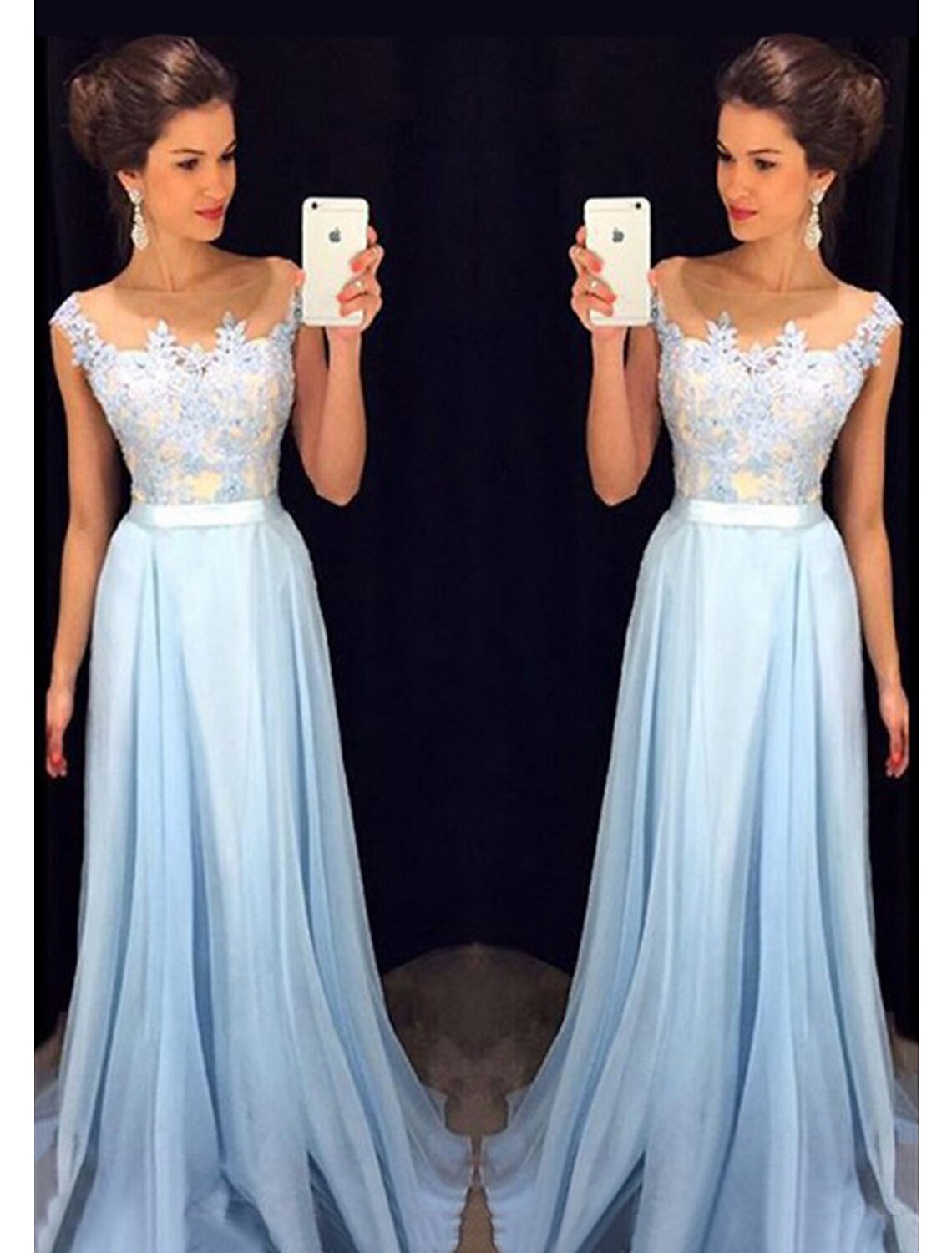 A-Line Prom Dresses Color Block Dress Formal Floor Length Sleeveless Jewel Neck Chiffon with Beading