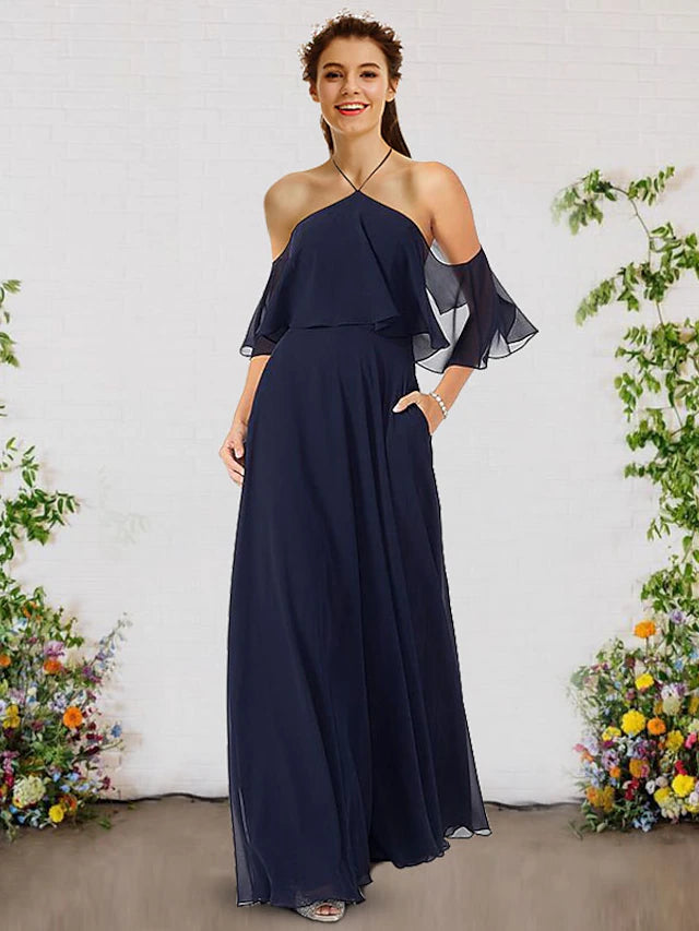 A-Line Bridesmaid Dress Halter Neck Sleeveless Elegant Floor Length Chiffon Pure Color