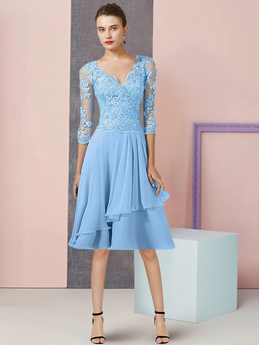 A-Line Mother of the Bride Dress Formal Wedding Guest Vintage Elegant V Neck Knee Length Chiffon Lace Half Sleeve with Pleats Sequin