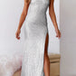 Sexy formal solid color sequin slit diagonal collar evening dress One Shoulder Sparkly