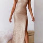 Sexy formal solid color sequin slit diagonal collar evening dress One Shoulder Sparkly